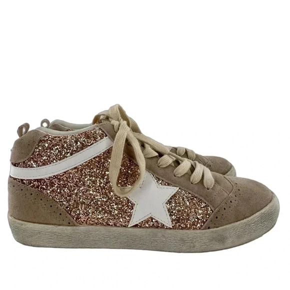 Miim womens high top sneakers size 7.5 faux suede rose gold glitter streetwear - Picture 1 of 13